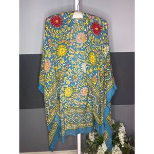 Free People Magic Dance Kimono Blue Floral Border Print Boho Festival Duster